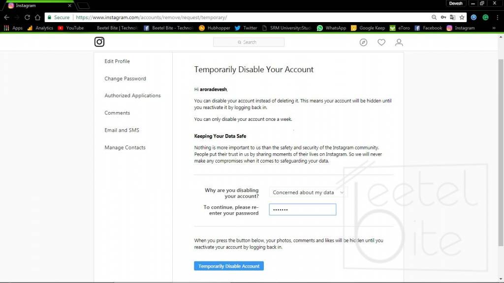 disable instagram account